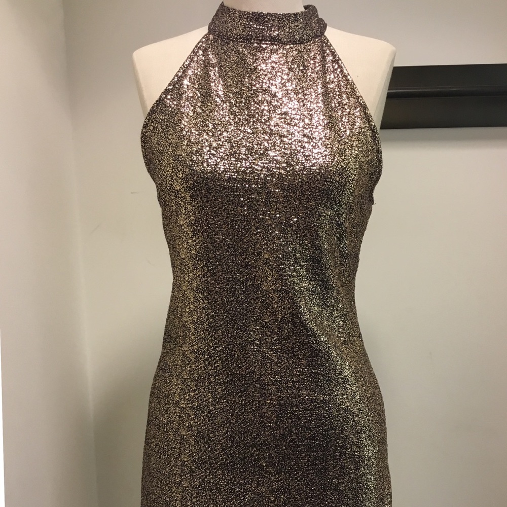 Gold and black halter mini dress